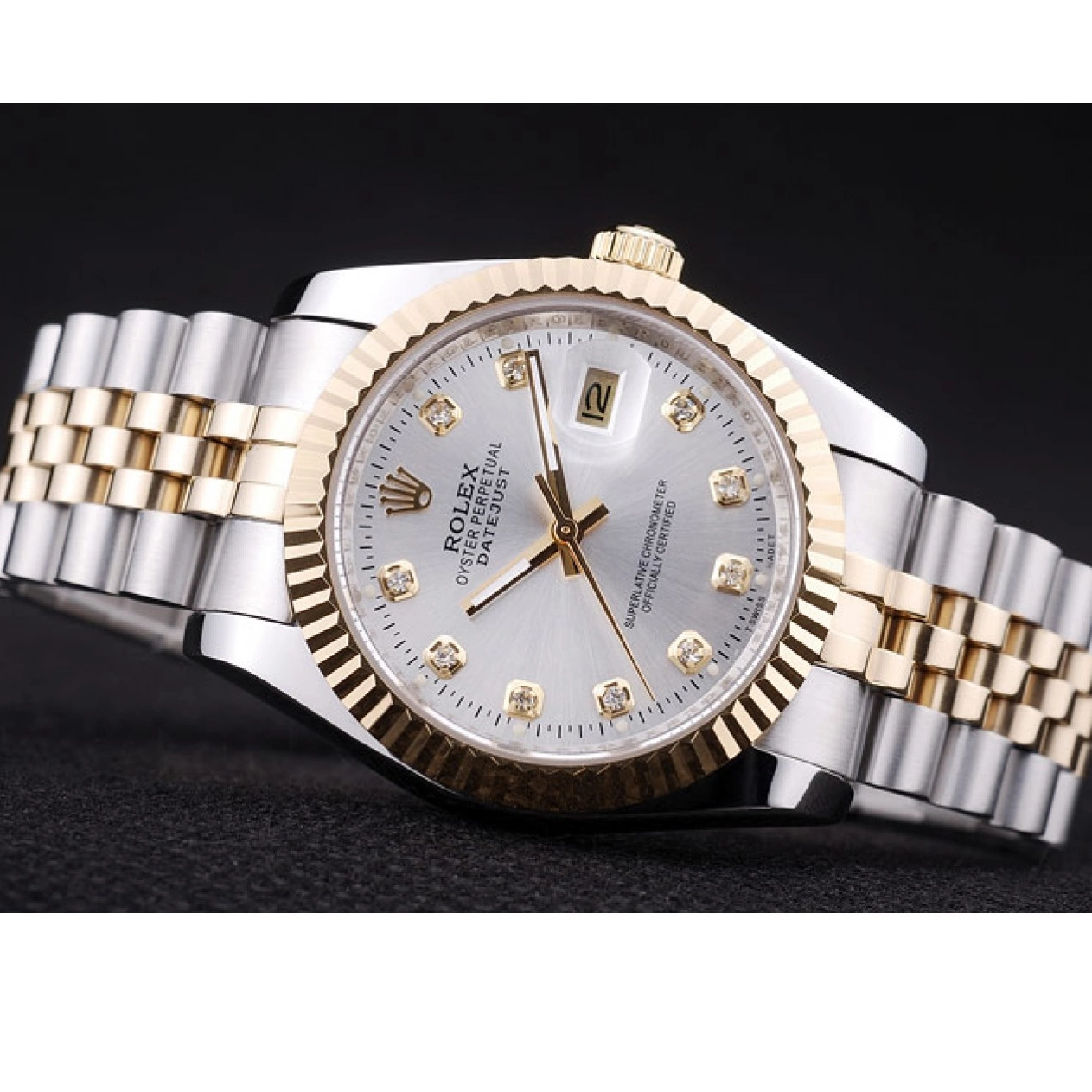 Aaa replica watch Ribbed Datejust Bezel Rolex Dial Silver Diamonds 7454 0727